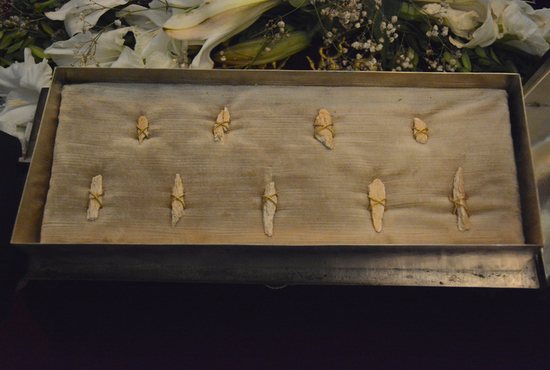 Nine shards of bone believed to belong to St. Peter lie inside a reliquary as it is venerated by Orthodox Patriarch Bartholomew of Constantinople in this June 30, 2019, file photo taken the day after Pope Francis bequeathed the reliquary to the patriarch. A debate has ignited after three Italian researchers published a paper asserting that St. Peter’s remains may have been -- and continue to be -- buried in catacombs under the Mausoleum of St. Helena rather than under St. Peter's Basilica.