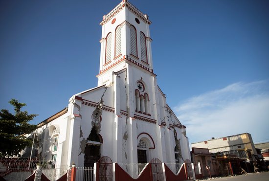 A damaged church is pictured in Les Cayes, Haiti, Aug. 15, 2021, following a magnitude 7.2 earthquake the previous day.