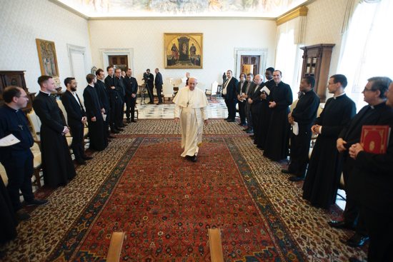 Pope Francis arrives June 7, 2021, for an audience at the Vatican with priests staying at the St. Louis of France residence for clergy in Rome. Pope Francis has named a Chilean priest who had testified against his abusive mentor to be secretary of the Vatican Congregation for Clergy.