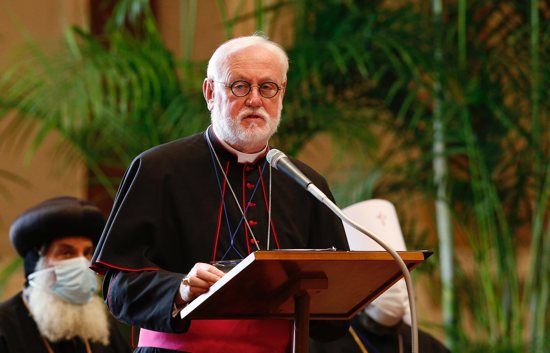 Archbishop Paul Gallagher, Vatican secretary for relations with states, speaks at the meeting, "Faith and Science: Towards COP26," with Pope Francis and other religious leaders in the Hall of Benedictions at the Vatican Oct. 4, 2021. The following day, Archbishop Gallagher told a U.N. trade and development conference that worsening economic inequality requires fiscal policies aimed at wealth redistribution and progressive income taxes.