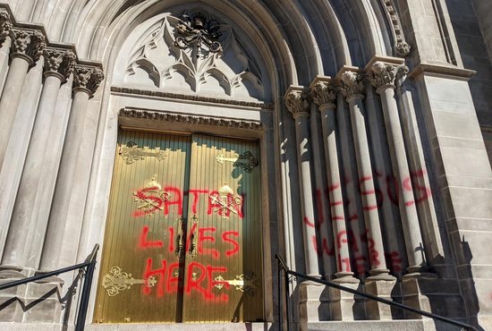 The Cathedral Basilica of the Immaculate Conception in Denver is seen Oct. 10, 2021, after it was vandalized. Since February 2020, the Archdiocese of Denver is aware of 25 parishes or ministry locations in northern Colorado that have been the target of vandalism, property destruction or theft.