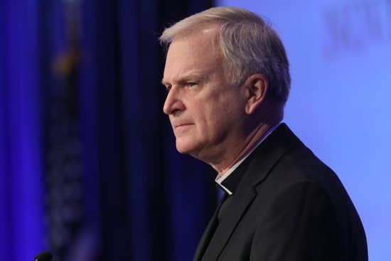 Bishop James V. Johnston Jr. of Kansas City-St. Joseph, Mo., chairman of the U.S. Conference of Catholic Bishops' Committee on the Protection of Children and Young People, listens to a question during a Nov. 17, 2021, session of the bishops' fall general assembly in Baltimore. Due to the COVID-19 pandemic, it is the first in-person bishops' meeting since 2019.