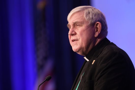 Archbishop Jerome E. Listecki of Milwaukee speaks during a Nov. 16, 2021, session of the fall general assembly of the U.S. Conference of Catholic Bishops in Baltimore. Due to the COVID-19 pandemic, it is the first in-person bishops' meeting since 2019. 