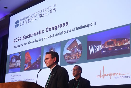 Auxiliary Bishop Andrew H. Cozzens of St. Paul and Minneapolis listens to a question during a Nov. 17, 2021, session of the fall general assembly of the U.S. Conference of Catholic Bishops in Baltimore. Due to the COVID-19 pandemic, it is the first in-person bishops' meeting since 2019.