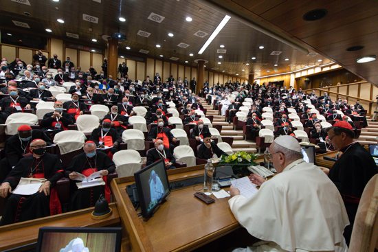 Pope Francis leads a meeting with representatives of bishops' conferences from around the world at the Vatican Oct. 9, 2021. The meeting came as the Vatican launches the process that will lead up to the assembly of the world Synod of Bishops in 2023.