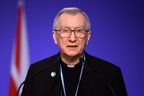 Cardinal Pietro Parolin, Vatican secretary of state, addresses the U.N. Climate Change Conference, COP26, in Glasgow, Scotland, Nov. 2, 2021. Cardinal Parolin read portions of Pope Francis' written message to COP26 in his address to the summit.