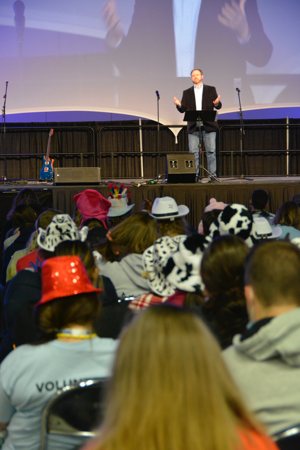 Bradley Gregory, associate professor of biblical studies at The Catholic University of America in Washington, speaks to youths in Indianapolis Nov. 19, 2021, during the National Catholic Youth Conference. He addressed the compatibility of science and faith.