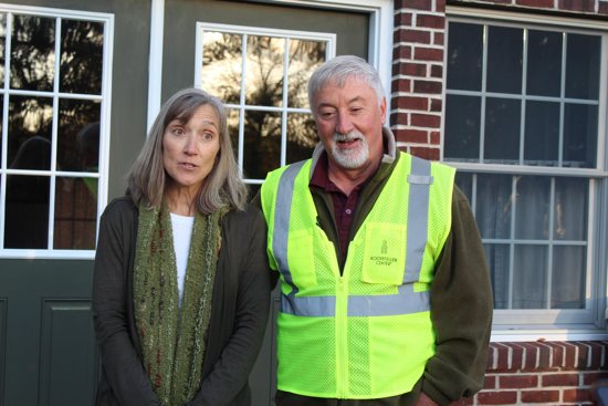 Julie and Devon Price, parishioners at Immaculate Conception Church in Elkton, Md., speak to the media outside their home in Fair Hill, Md., Nov. 11, 2021. They donated a 79-foot-tall Norway spruce to be used this year as the iconic Christmas tree at Rockefeller Center in New York City.