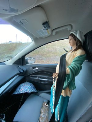Bishop Andrew Cozzens’ statue of Our Lady of Hope rides along Dec. 3 on his drive from St. Paul to Crookston.