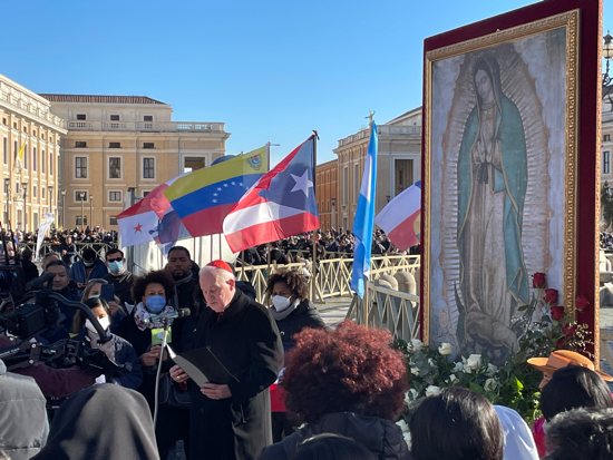Cardinal Marc Ouellet, president of the Pontifical Commission for Latin America, leads a prayer as pilgrims mark the feast of Our Lady of Guadalupe with songs and the recitation of the rosary in St. Peter's Square at the Vatican Dec. 12, 2021.