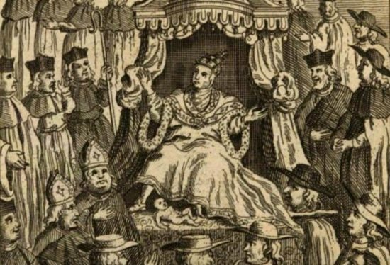 An engraving of Pope Joan, a Roman legend that dates from the 11th century, is illustrated in the 17th-century book, "A Present for a Papist: or, The History of the Life of Pope Joan, From her Birth to her Death," by Alexander Cooke.