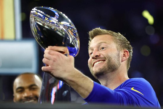 Los Angeles Rams head coach Sean McVay hoists the Lombardi Trophy after the team defeated the Cincinnati Bengals in Super Bowl LVI at SoFi Stadium in Inglewood, Calif., Feb. 13, 2022.