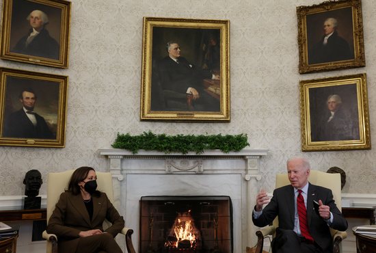 President Joe Biden and Vice President Kamala Harris are seen at the White House in Washington Feb. 1, 2022. 