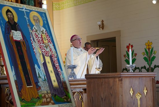 Bishop Brendan J. Cahill of Victoria, Texas, celebrates Mass at Sts. Cyril and Methodius Church in Dubina, Texas, Feb. 14, 2022. The bishop formally dedicated the church as a shrine to the two saints and it also was declared a pilgrimage site.