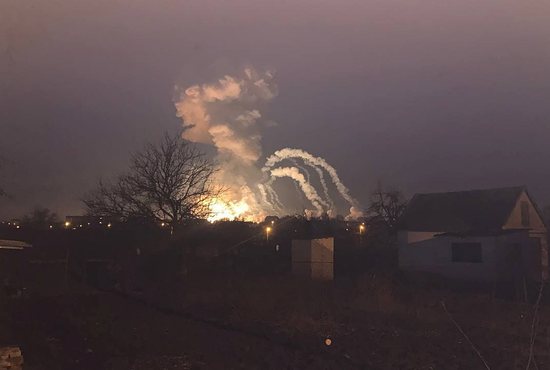View of an explosion near Dnipro, Ukraine, Feb. 24, 2022, after Russian President Vladimir Putin authorized a military operation in Ukraine, in this image obtained by Reuters.