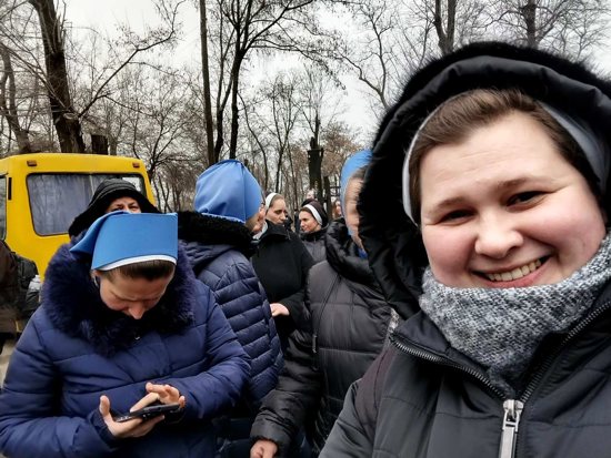 Nuns from the Order of St. Basil the Great are pictured Feb. 22, 2022, during a pilgrimage in Zaporizhzhia, Ukraine, just hours ahead of a Russian invasion.