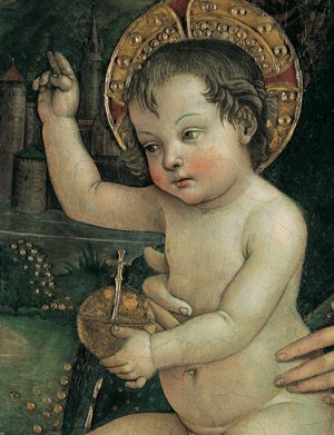 A fresco fragment by the Renaissance master Bernardino di Betto, better known as Pintoricchio, shows baby Jesus. Created during the papacy of Pope Alexander VI, the infamous Rodrigo Borgia, it was part of artwork preserved by a successor pope when he dismantled artwork in the Borgia Apartments. 