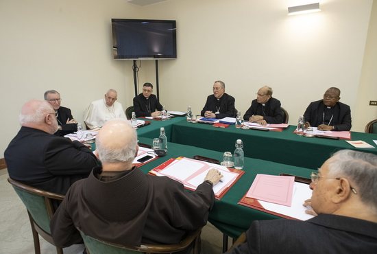 Pope Francis leads a meeting of his Council of Cardinals at the Vatican Feb. 21, 2022. On March 19, 2022, Pope Francis promulgated the long-awaited constitution reorganizing the Roman Curia.