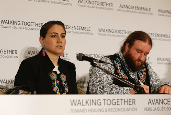 Cassidy Caron, president of the Métis National Council, and Mitchell Case, historian and educator with the Métis Nation of Ontario, attend a press conference with Canadian Catholic bishops in Rome after meeting Pope Francis at the Vatican March 28, 2022. The pope is holding three meetings to listen to the experiences of representatives of Canada's Indigenous communities, experiences that include being sent as children to residential schools operated by Catholic dioceses and religious orders.