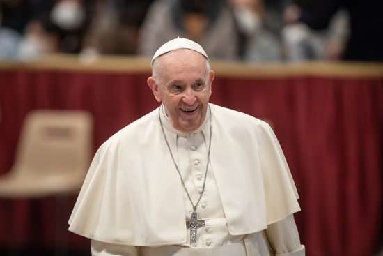 Pope Francis is pictured during a meeting with students from Milan in St. Peter's Basilica at the Vatican March 16, 2022. The pope prayed for children in Ukraine who are forced to flee from bombings.