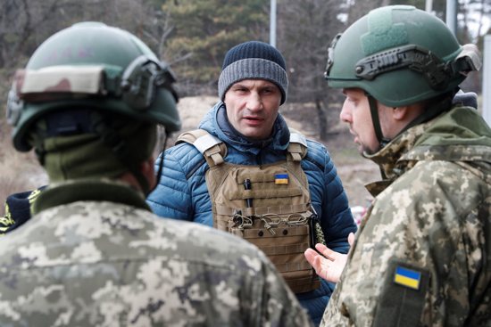 Mayor Vitali Klitschkoof Kyiv, Ukraine, visits a checkpoint of the Ukrainian Territorial Defense Forces March 6, 2022. Klitschko has invited Pope Francis and other religious leaders to come to the city and witness for peace.