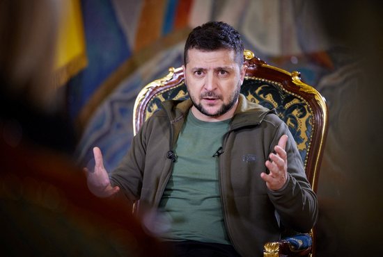 Ukrainian President Volodymyr Zelenskyy attends an interview with the media in Kyiv, Ukraine, March 21, 2022, as Russia's war on Ukraine continues, Pope Francis and Zelenskyy spoke on the phone March 22 before the president addressed the Italian parliament online.