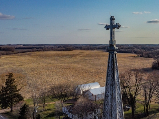 The steeple being repaired at St. John the Evangelist in Union Hill, taken with a drone April 26.