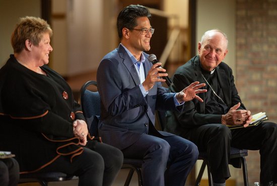 From left, Kat Doyle, Jose Aguto and Bishop Emeritus Richard Pates engage in dialogue about Pope Francis’ encyclical “Laudato Si’” during a Giving Insights forum March 29 at Annunciation in Minneapolis.