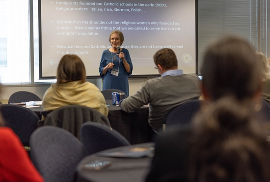 Jeannie Courchene, a principal mentor with the Latino Enrollment Institute at the University of Notre Dame, leads a session called “It’s About Mission, Not Money” April 26 for Catholic educators in the Archdiocese of St. Paul and Minneapolis. Courchene, who formerly served as principal at St. Rose of Lima Catholic School in Denver, described how she sought donor funding for major renovations to the inner-city school.