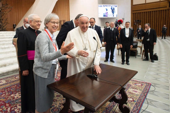 Pope Francis is pictured with Claretian Missionary Sister Jolanta Kafka, president of the International Union of Superiors General, during an audience with participants in the plenary assembly of the UISG at the Vatican May 5, 2022.