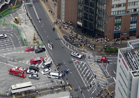 An aerial view shows the site in Nara, Japan, where former Japanese Prime Minister Shinzo Abe was assassinated during an election campaign speech July 8, 2022.