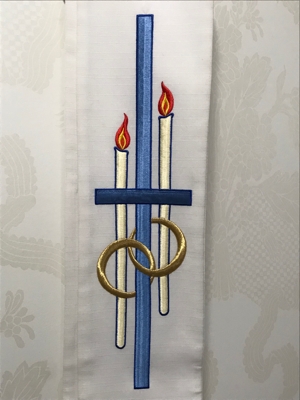 The Marriage Cross is depicted on one of Father Michael Van Sloun’s stoles, a gift from a parishioner.