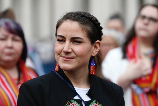 Cassidy Caron, president of the Métis National Council, and other Canadian Indigenous delegates from the council talk with journalists after meeting Pope Francis at the Vatican in this March 28, 2022, file photo. The pope is expected to apologize directly to Indigenous peoples during his July 24-29 visit to Canada.