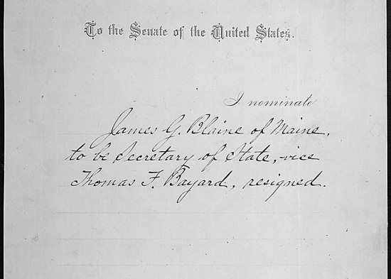 This March 5, 1889, letter from President Benjamin Harrison nominates James G. Blaine to be secretary of state. When he was in Congress, then-Rep. Blaine introduced a proposed amendment to the Constitution in 1875 to prohibit the use of public money for sectarian schools. It passed in the House but failed to get the two-thirds approval in the U.S. Senate needed to send it to the states for ratification. Several states, however, adopted Blaine amendments.