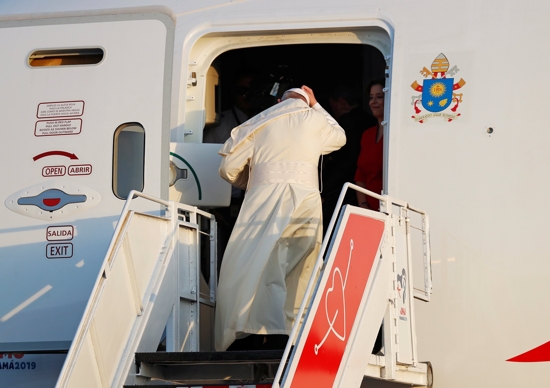 Pope Francis is pictured in a 2019 photo boarding the plane for a trip. The Vatican confirmed that Pope Francis will travel to Kazakhstan Sept. 13-15, 2022, and will attend the VII Congress of Leaders of World and Traditional Religions.