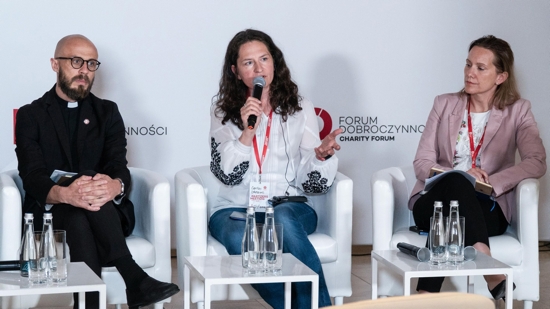 Tetiana Stawnychy, president of Caritas Ukraine, speaks during a forum in Kyiv, Ukraine, July 20, 2022. A year after taking the helm at Caritas Ukraine and after five months of war, Stawnychy is confident that Caritas is ready for all changes.