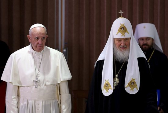 Pope Francis and Russian Orthodox Patriarch Kirill stand together after a meeting in Havana in this Feb. 12, 2016, file photo. The pope is scheduled to visit Kazakhstan Sept. 13-15 to attend the Congress of World and Traditional Religions, at which he plans to meet with Patriarch Kirill.