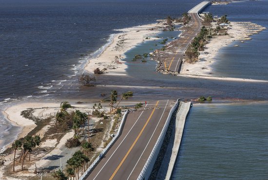 The partially collapsed Sanibel Causeway in Sanibel Island, Fla., is seen Sept. 29, 2022, after Hurricane Ian caused widespread destruction.