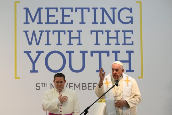 Pope gives his blessing at the end of a meeting with young people at Sacred Heart School in Awali, Bahrain, Nov. 5, 2022.