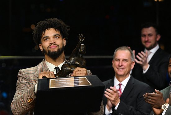 Caleb Williams, quarterback for the University of Southern California, reacts after winning the Heisman Award at the Lincoln Center in New York City Dec. 10, 2022.