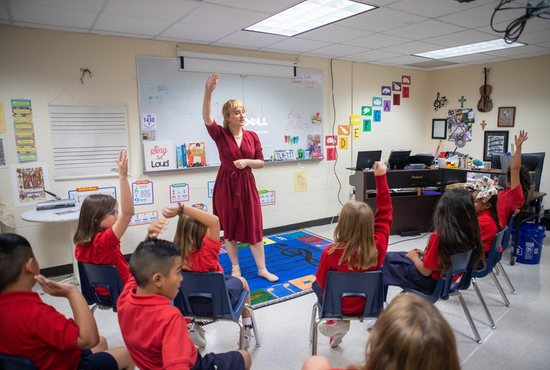Megan Miller, a music teacher and orchestra director, teaches during an Aug. 12, 2019, class session at St. Mary Catholic School in League City, Texas. Miller was one of nearly 75 educators to attend a recent continuing education and development day for art and music teachers hosted by the Catholic Schools Office and the Co-Cathedral of the Sacred Heart in Houston. 