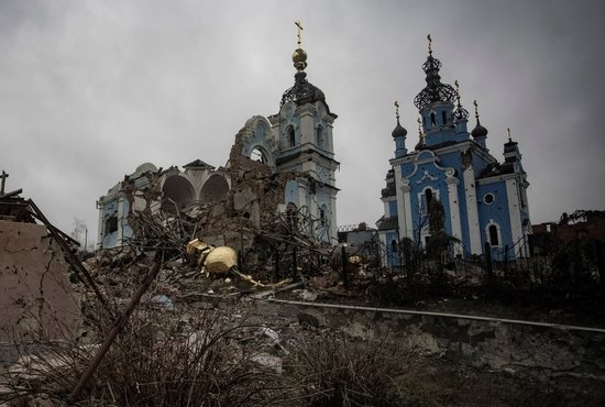 A destroyed Orthodox church is seen, during Russia's attack on Ukraine, in Bohorodychne, in the Donetsk region of Ukraine, Dec. 8, 2022. 