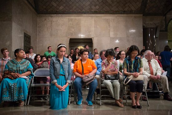 People attend Mass in the Crypt Church at the Basilica of the National Shrine of the Immaculate Conception in Washington in this file photo. Canadian and U.S. Catholics will convene in a series of online meetings from mid-December 2022 through the end of January 2023 as part of the Pope Francis' ongoing call to synodality in the church.
