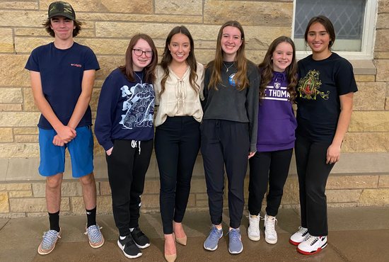 Five members of the St. Gianna Club, a pro-life student group at Sacred Heart in Robbinsdale, gather outside the parish chapel before attending remarks to parishioners by Grace Evans (third from left) from the Minnesota Family Council who addressed “Engaging in the Fight for Life.” Club members pictured, all ninth graders, left to right are: Peter Gooley and Breena Bucsko, both 15; Evans; and 14-year-olds Maia Lahr, Catherine Thibault and Vanessa Hernandez-Hernandez. 