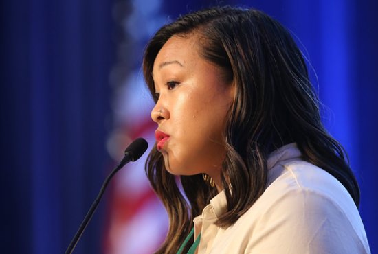 Cecilia Flores, from the Diocese of Sacramento, Calif., speaks during a Nov. 16, 2022, session of the fall general assembly of the U.S. Conference of Catholic Bishops in Baltimore.