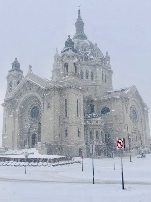 Snow-covered Cathedral of St. Paul in St. Paul 