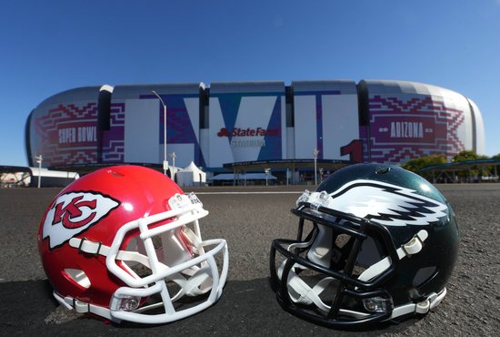 The helmets of the Kansas City Chiefs and Philadelphia Eagles are pictured outside State Farm Stadium in Glendale, Ariz., Feb. 7, 2023, site of Super Bowl LVII. The two teams will play for the NFL's Vince Lombardi Trophy Feb. 12. 