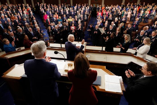 President Joe Biden gestures as he delivers the State of the Union address at the U.S. Capitol in Washington Feb. 7, 2023.