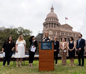 Amanda Zurawski, one of five plaintiffs in Zurawski vs. State of Texas, speaks in front of the Texas State Capitol in Austin March 7, 2023. She spoke as the Center for Reproductive Rights and the plaintiffs announced their lawsuit, which asks for clarity in Texas law as to when abortions can be provided under the "medical emergency" exception.