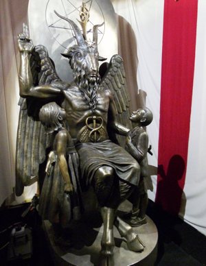 A bronze statue of Baphomet, a goat-headed winged deity that has been associated with satanism and the occult, is displayed by The Satanic Temple in Salem, Mass., in this undated photo.